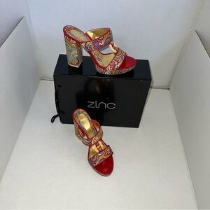Zinc Red Paisley Print Block Heel Sandals